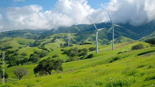 Harmonious Blend of Renewable Energy and Serene Nature: Wind Turbines in Rolling Green Hills