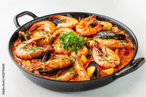 Verities of Portuguese dishes, seafood, shrimp, prawn and other fishes, on curry pan, white background