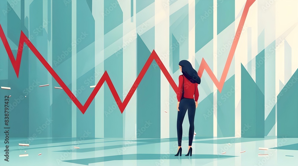 Fototapeta premium Bankrupt businesswoman pushed by downward arrow