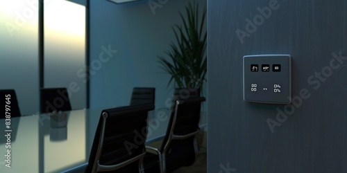 Detail of smart thermostat on meeting room wall, high resolution, dusk, no people