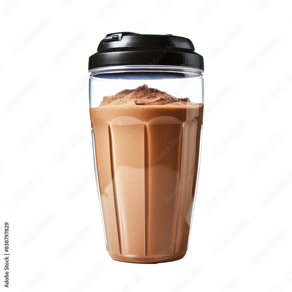 Chocolate protein shake in a sleek shaker bottle for the ultimate post-workout boost isolated on white background. png format Chocolate protein shake in a sleek shaker bottle for the ultimate post-workout boost isolated on white background. png format