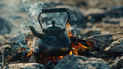 Vintage Black Steel Tea Kettle on Campfire