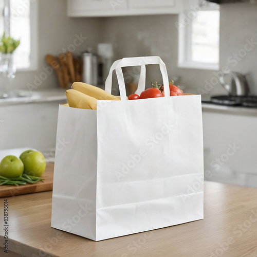 White bag with groceries on a kitchen counter
