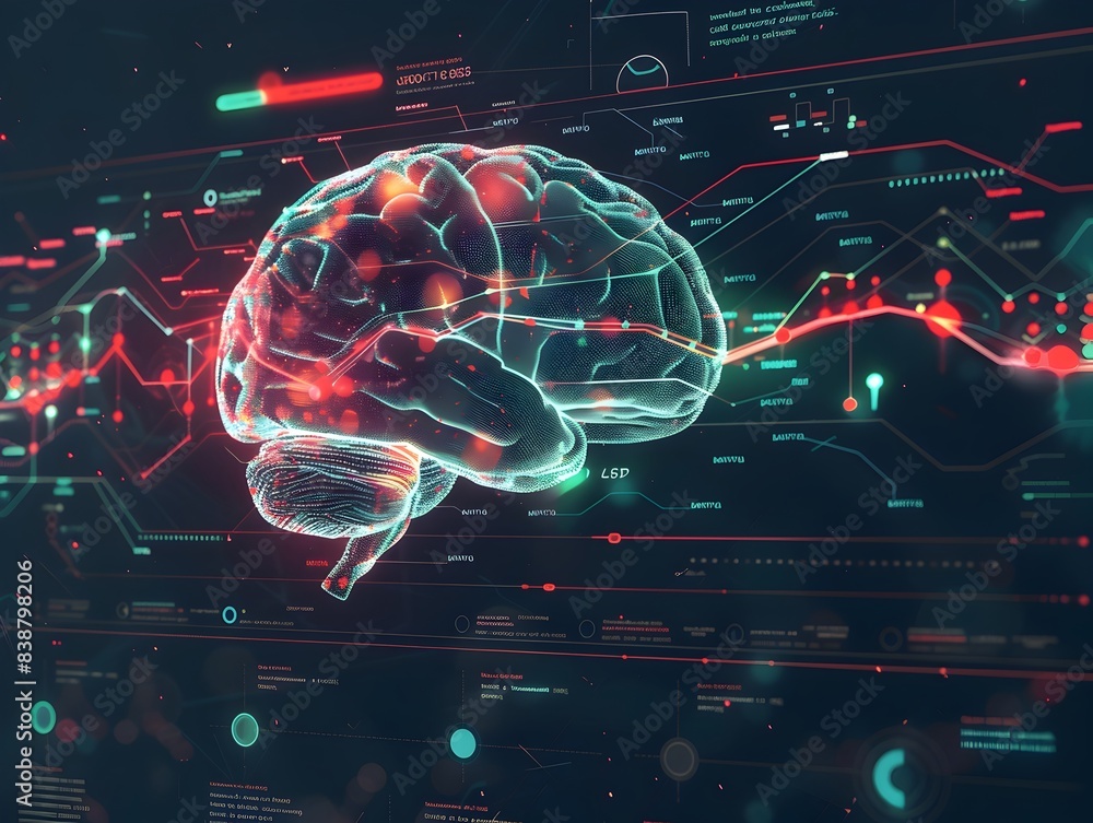Fototapeta premium Futuristic Brain Infographic with Glowing Lights Connecting Networks and Data Visualization