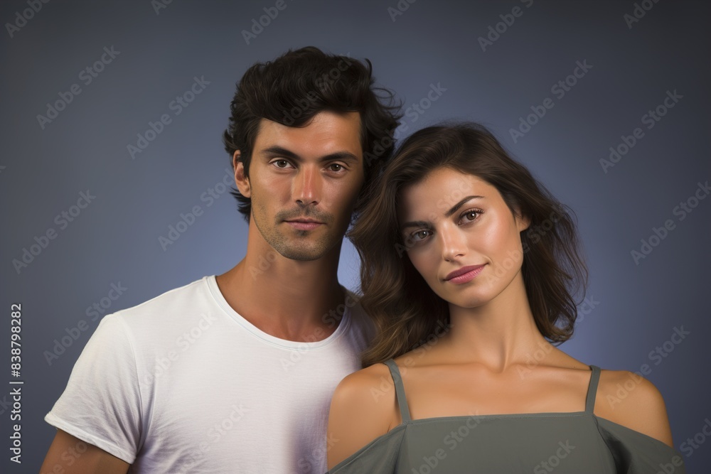 A man and a woman are posing for a picture A man and a woman are posing for a picture