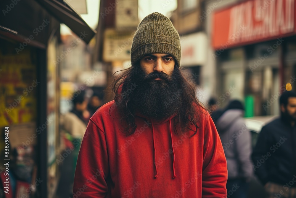 A man with a beard and a beanie hat stands in front of a sign A man with a beard and a beanie hat stands in front of a sign