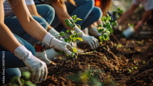 A group of volunteers plant trees in a park. They are all wearing gloves and kneeling in the dirt. The trees are small and have green leaves.