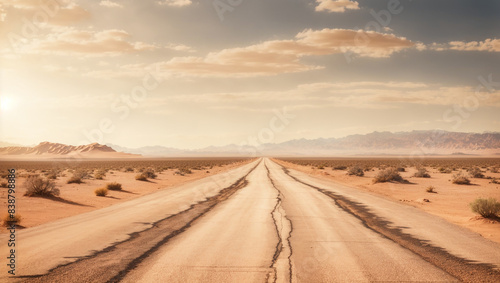 A long, straight road stretches through a barren desert landscape, with mountains in the distance.