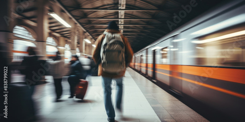 Man Walking By Speeding Train At Busy Subway Station. Motion Blur Of Moving Train With Passengers On Platform. Generative AI