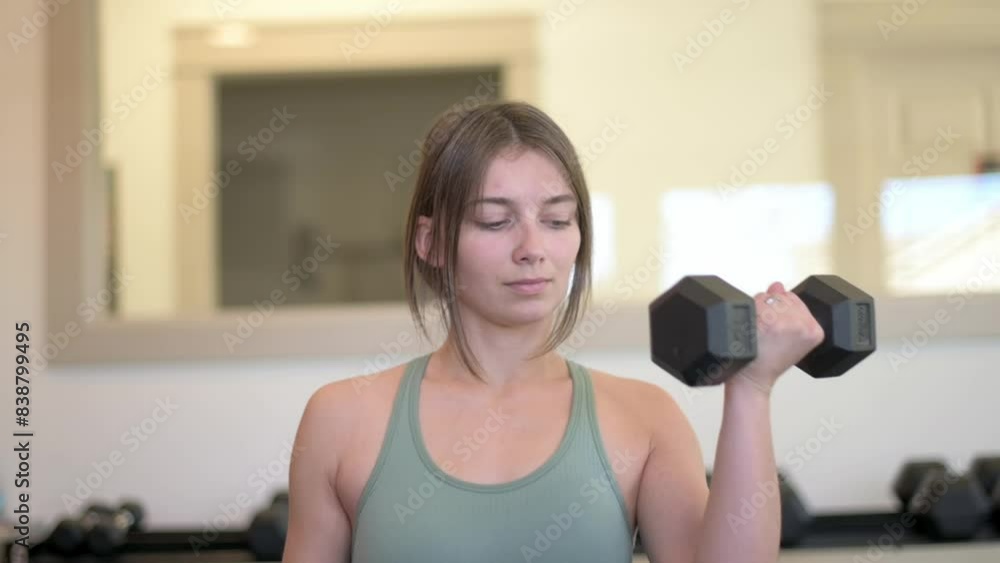 A woman in a sports bra focused on performing a dumbbell curl in a gym, emphasizing strength training and fitness left. hand A woman in a sports bra focused on performing a dumbbell curl in a gym, emphasizing strength training and fitness left. hand