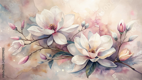 Watercolor background of blooming magnolia flowers