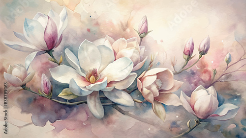 Watercolor background of blooming magnolia flowers