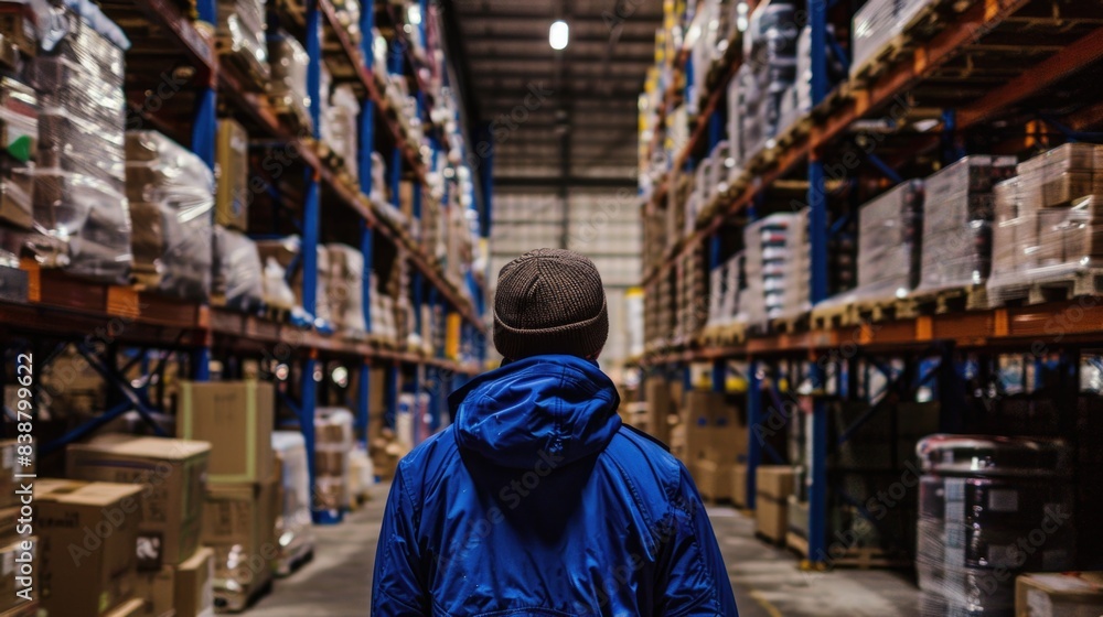 Warehouse scene with worker in blue jacket turned away Warehouse scene with worker in blue jacket turned away