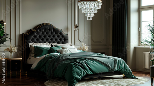 A sophisticated Art Deco bedroom featuring a black lacquered bed frame, emerald green bedding, and a gold and glass chandelier against a soft cream wall. photo