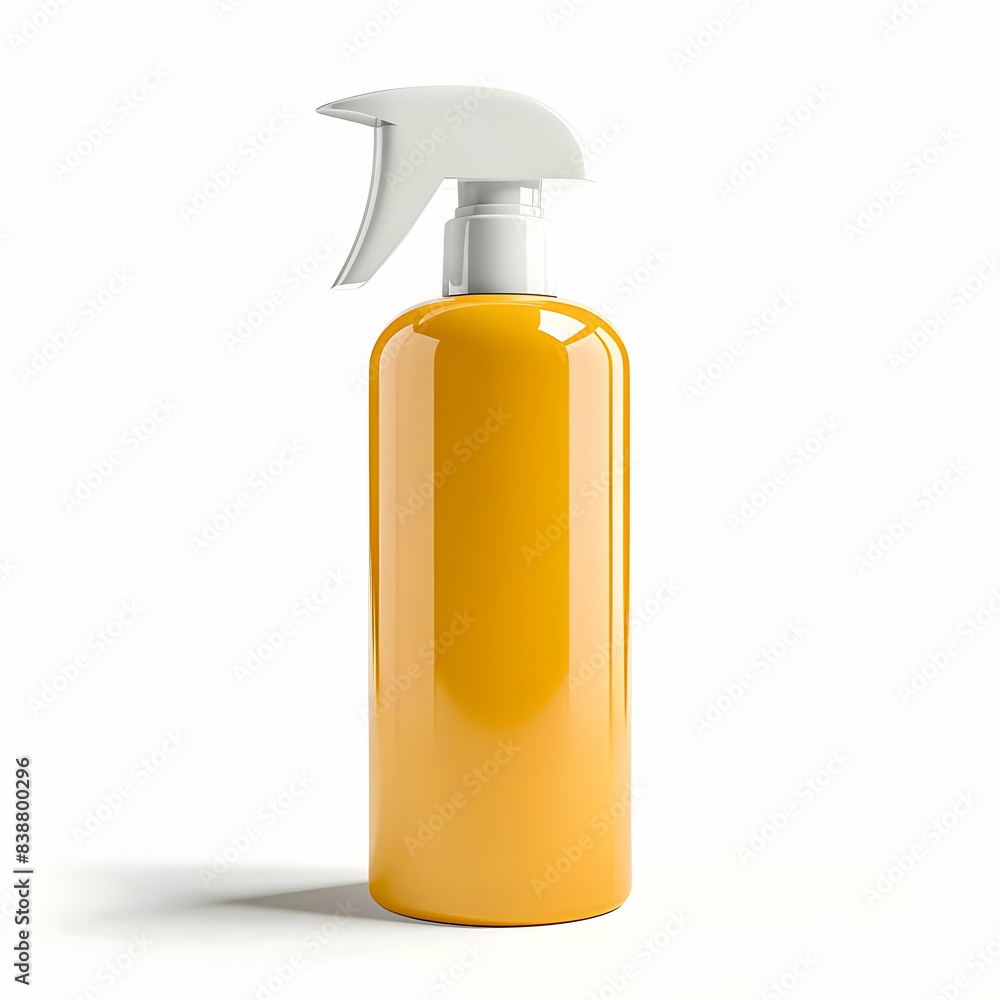 Closeup of a yellow spray bottle with a white trigger, perfect for cleaning solutions and household use, isolated on a white background. Closeup of a yellow spray bottle with a white trigger, perfect for cleaning solutions and household use, isolated on a white background.