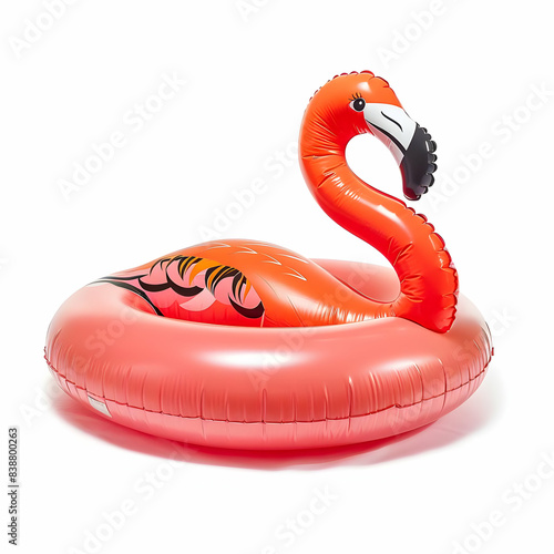 Bright pink flamingo inflatable float against white background, perfect for pool parties, summer fun, and relaxation in the water.