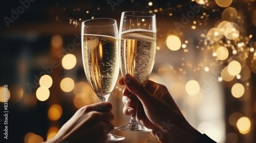 Clinking glasses of champagne in hands at New Year party. 