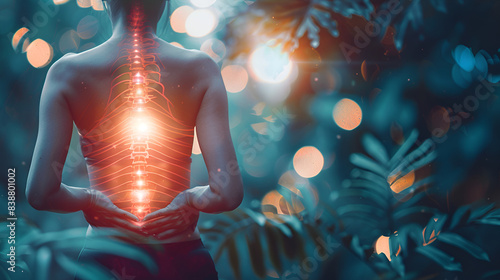 Human body highlight lower backbones  pain and spine in red color the painful with bokeh background photo