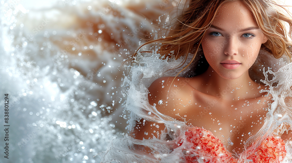 A woman is in a pool of water, with her hair wet and her face showing. Scene is playful and fun A woman is in a pool of water, with her hair wet and her face showing. Scene is playful and fun