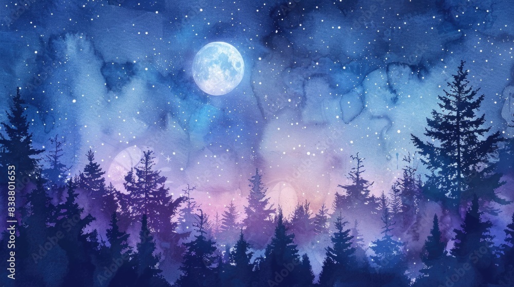 Watercolor Illustration Landscape with Fantastic Starry Sky and Forest. Watercolor Illustration Landscape with Fantastic Starry Sky and Forest.