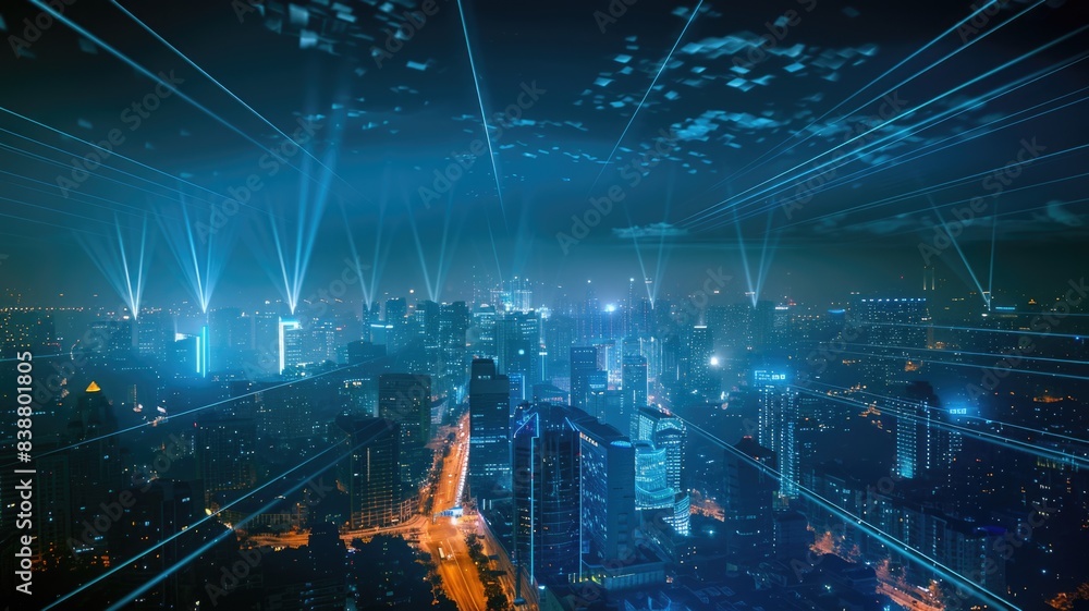 futuristic cityscape with a network of laser beams representing high-speed optical communication links connecting buildings futuristic cityscape with a network of laser beams representing high-speed optical communication links connecting buildings