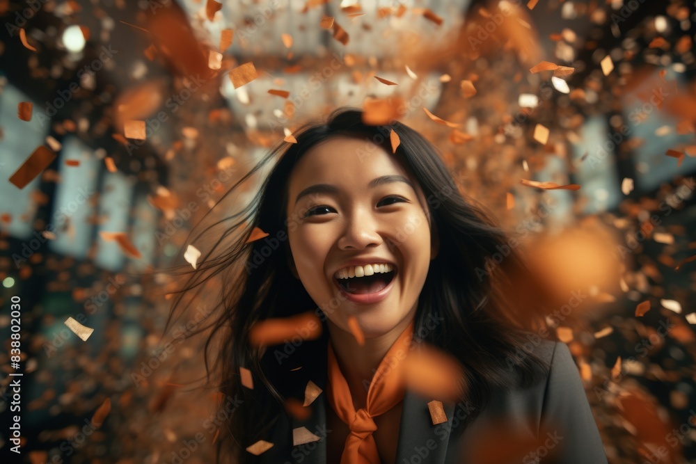 A happy woman in a business outfit smiles widely as colorful bronze confetti falls around her, adding to the festive vibe. A happy woman in a business outfit smiles widely as colorful bronze confetti falls around her, adding to the festive vibe.