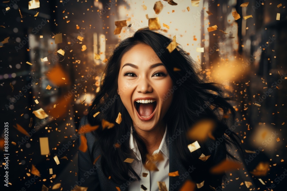 A happy woman in a business outfit smiles widely as colorful bronze confetti falls around her, adding to the festive vibe. A happy woman in a business outfit smiles widely as colorful bronze confetti falls around her, adding to the festive vibe.