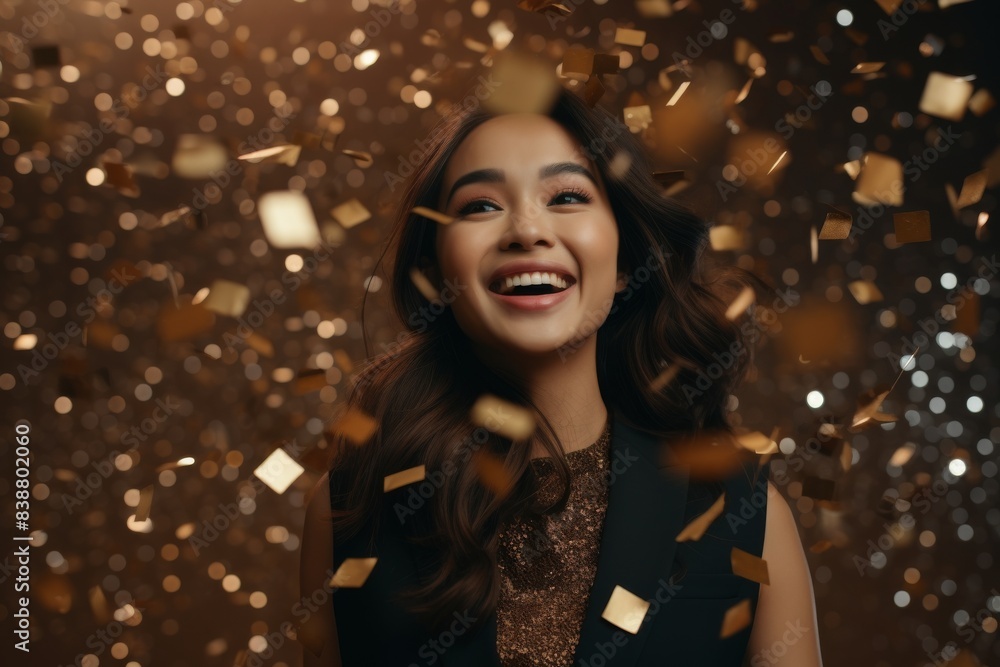 A happy woman in a business outfit smiles widely as colorful bronze confetti falls around her, adding to the festive vibe. A happy woman in a business outfit smiles widely as colorful bronze confetti falls around her, adding to the festive vibe.