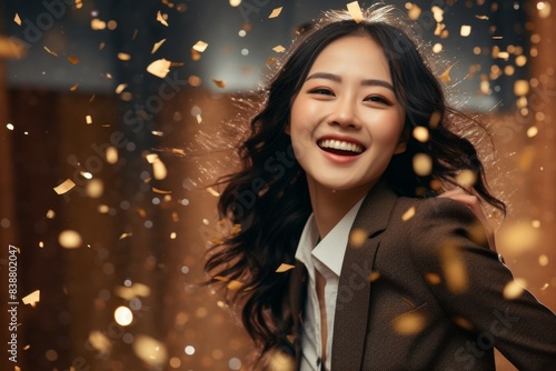 A happy woman in a business outfit smiles widely as colorful bronze confetti falls around her  adding to the festive vibe.