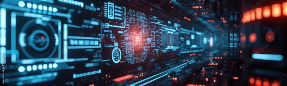 Futuristic technology background with glowing blue and red lights Futuristic technology background with glowing blue and red lights