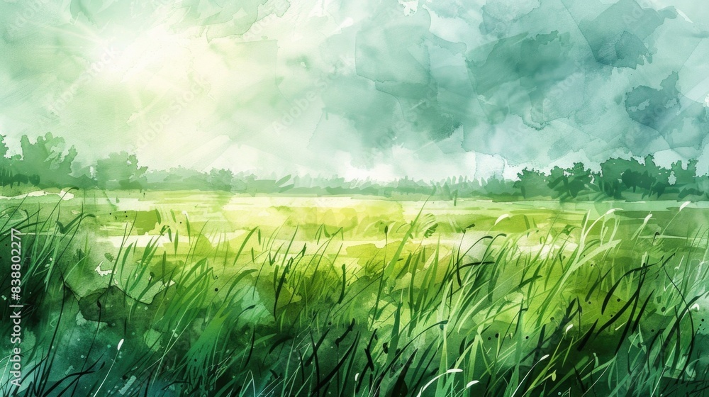 Watercolor illustration of a green meadow landscape, artistic modern ...