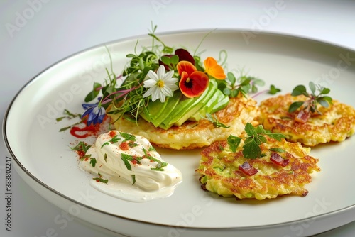 Elegant Cheddar Fondue with Avocado-Bacon Relish and Potato Pancakes