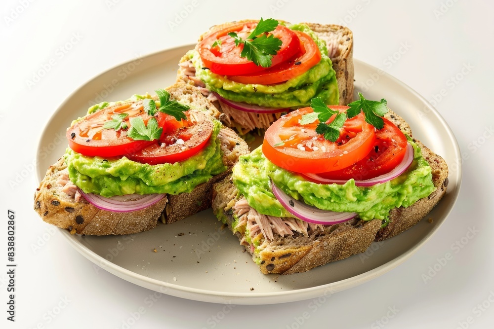 Delicious Avocado Tuna Sandwich on Multi-Grain Bread with Ripe Tomato Slices Delicious Avocado Tuna Sandwich on Multi-Grain Bread with Ripe Tomato Slices