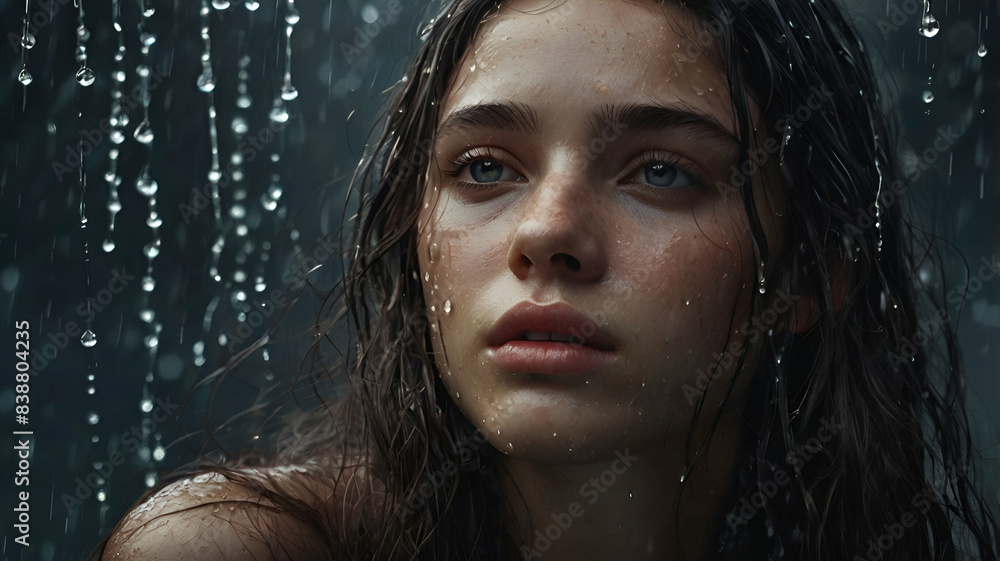 Captivating Sadness: Long-Haired Woman in Realistic Water Droplet Scene Captivating Sadness: Long-Haired Woman in Realistic Water Droplet Scene