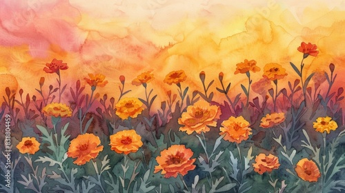 Wallpaper Mural Watercolor illustration of marigold flowers at sunset Torontodigital.ca