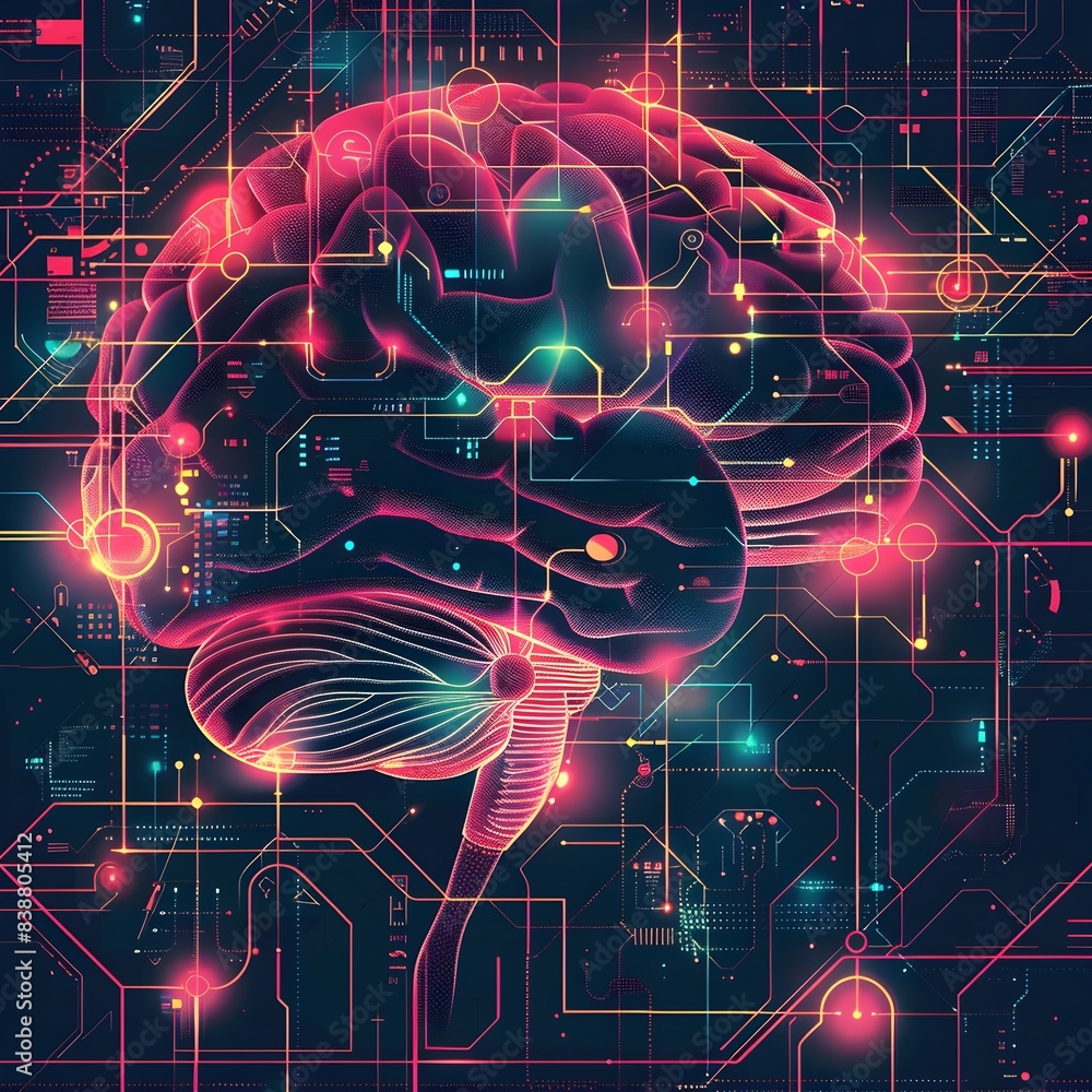 Obraz premium Futuristic Neural Network Infographic with Glowing Geometric Forms and Aesthetic