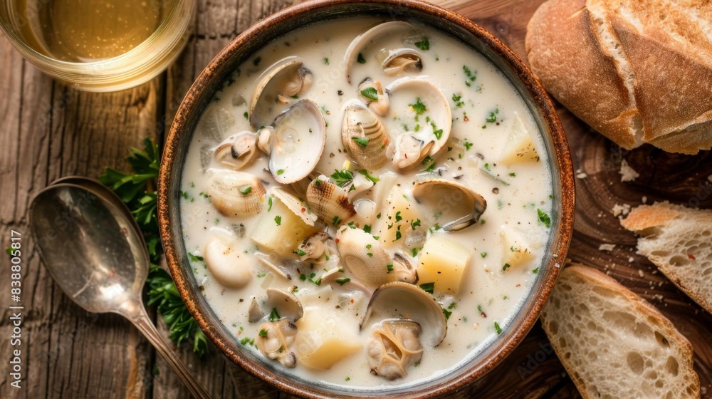 Delicious clam chowder in a rustic wooden bowl, garnished with herbs, served with fresh bread and a glass of white wine. Delicious clam chowder in a rustic wooden bowl, garnished with herbs, served with fresh bread and a glass of white wine.