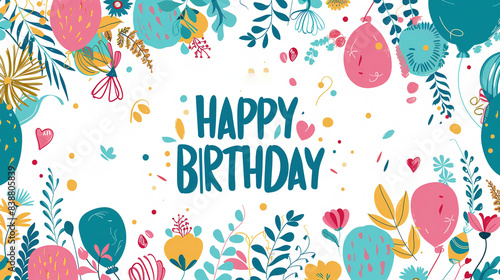 boho birthday card,border frame of birthday theme icons, the birthday icons around the edges. Empty white centre with big title 