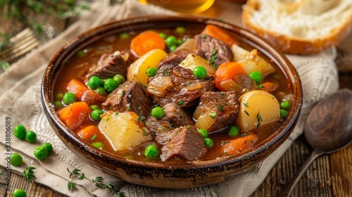 Delicious homemade beef stew with tender meat, carrots, potatoes, and peas, served in a rustic bowl on a wooden table.