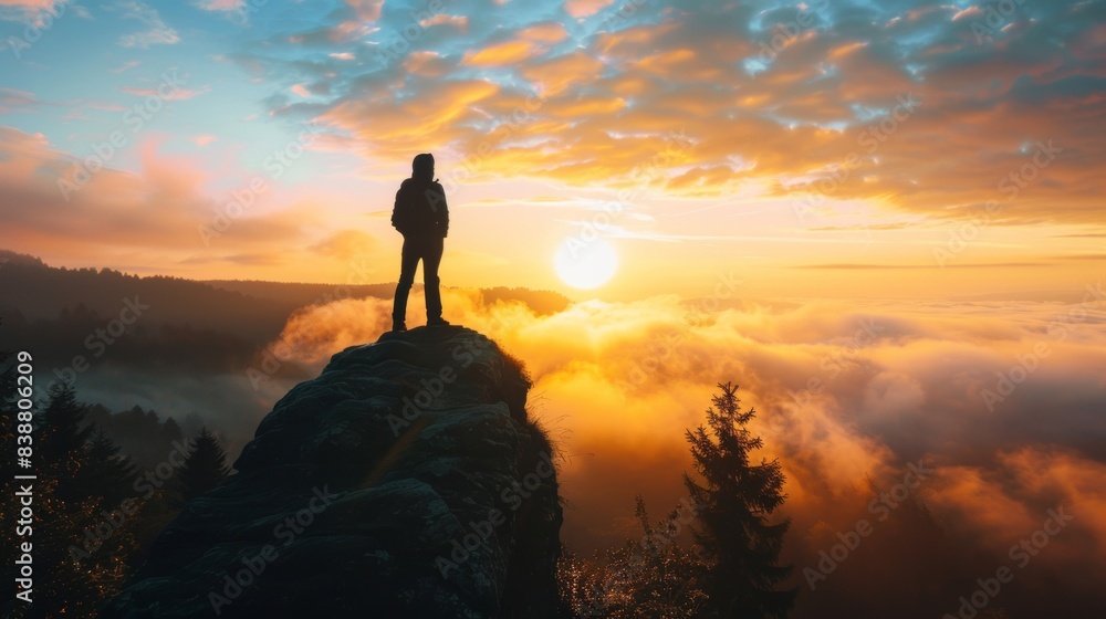 Shadow of a person standing on a rock look at the sunrise Shadow of a person standing on a rock look at the sunrise