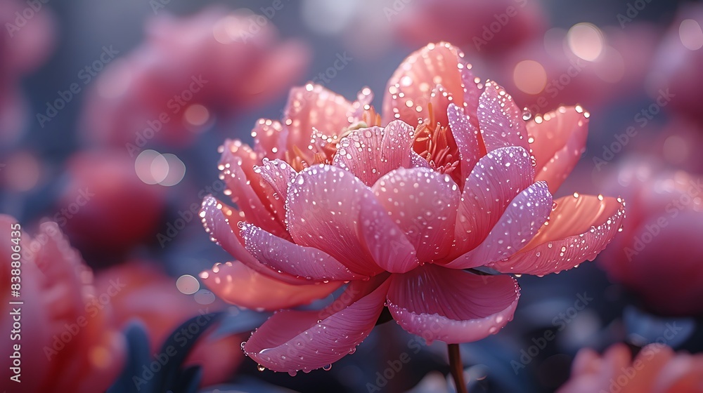 A close-up shot of a vibrant pink peony in full bloom with delicate dew drops on its petals. A close-up shot of a vibrant pink peony in full bloom with delicate dew drops on its petals.