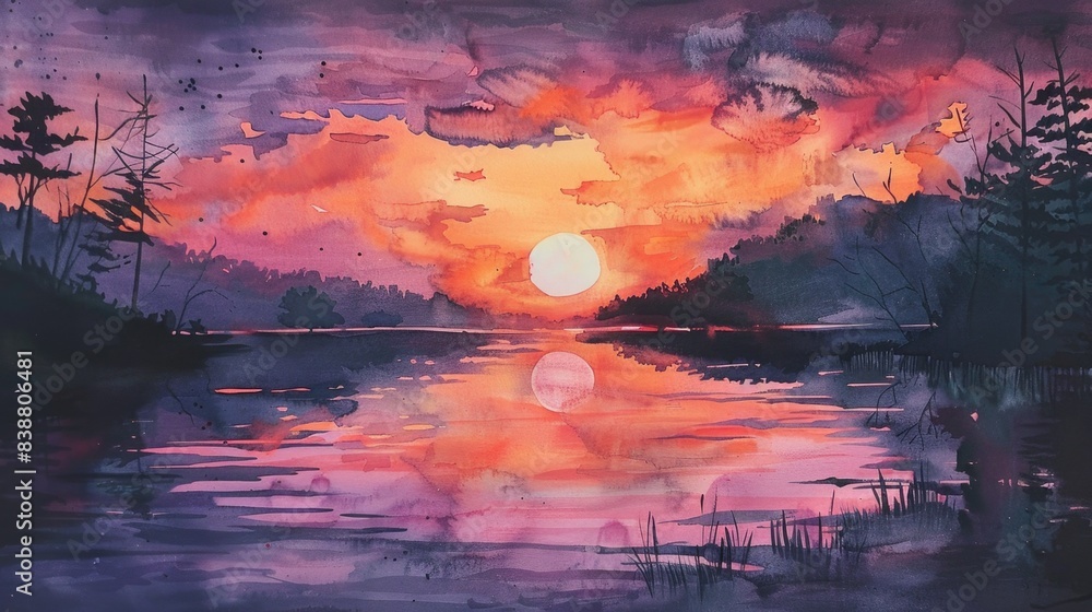 Fototapeta premium Watercolor painting of the sunset.