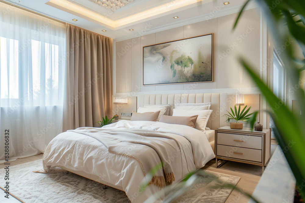 Cozy Bedroom with Elegant Bed and Beautiful Painting Cozy Bedroom with Elegant Bed and Beautiful Painting