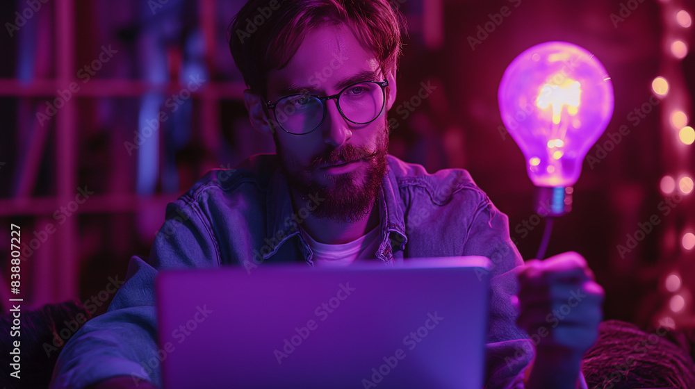 The image showcases a vibrant office scene with people actively engaging with technology and creativity The focus is on a man and a woman working on laptops amidst symbols of innovation like light bul The image showcases a vibrant office scene with people actively engaging with technology and creativity The focus is on a man and a woman working on laptops amidst symbols of innovation like light bul