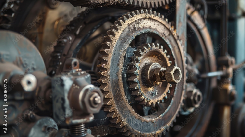 Fototapeta premium A faded vintage photo of classic engine gear wheels, offering a historical industrial perspective
