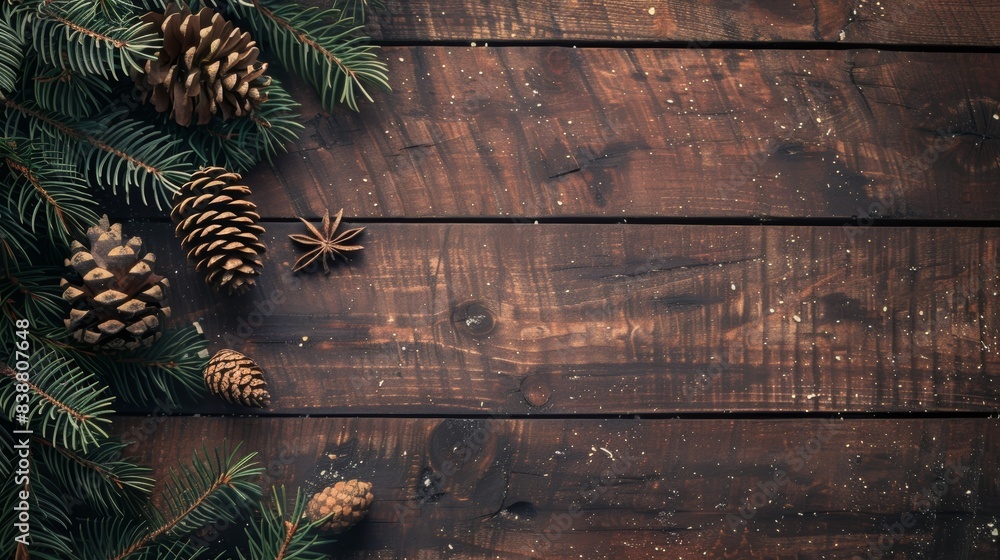 Dark Wooden Background with Pinecones and Evergreen Branches Dark Wooden Background with Pinecones and Evergreen Branches