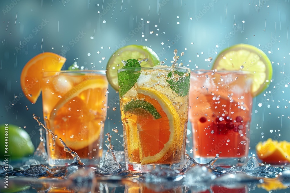 Three glasses of citrus-infused beverages with splashes of water clearly visible, indicative of refreshment or cooling down Three glasses of citrus-infused beverages with splashes of water clearly visible, indicative of refreshment or cooling down