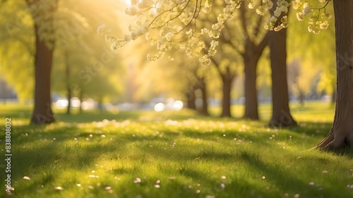An enchanting scene of springtime tranquility, with a lush carpet of young grass basking in the sunlight against a backdrop of defocused park trees, their branches adorned with golden rays of sunshine