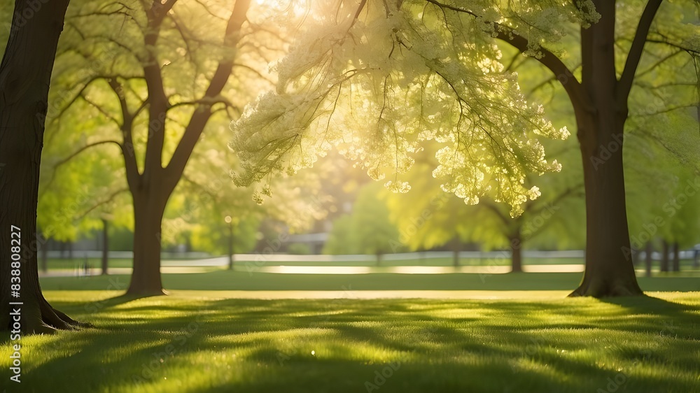 A mesmerizing spring scene unveiling the lushness of young grass on a sun-kissed lawn, framed by the defocused silhouette of park trees, with the sun's rays casting a warm and inviting glow.