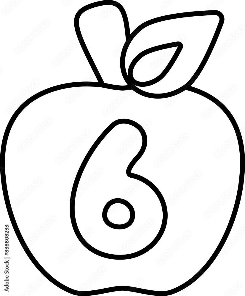 Illustration of apple-shaped numbers outlined in black for a coloring page for kids, number six Illustration of apple-shaped numbers outlined in black for a coloring page for kids, number six